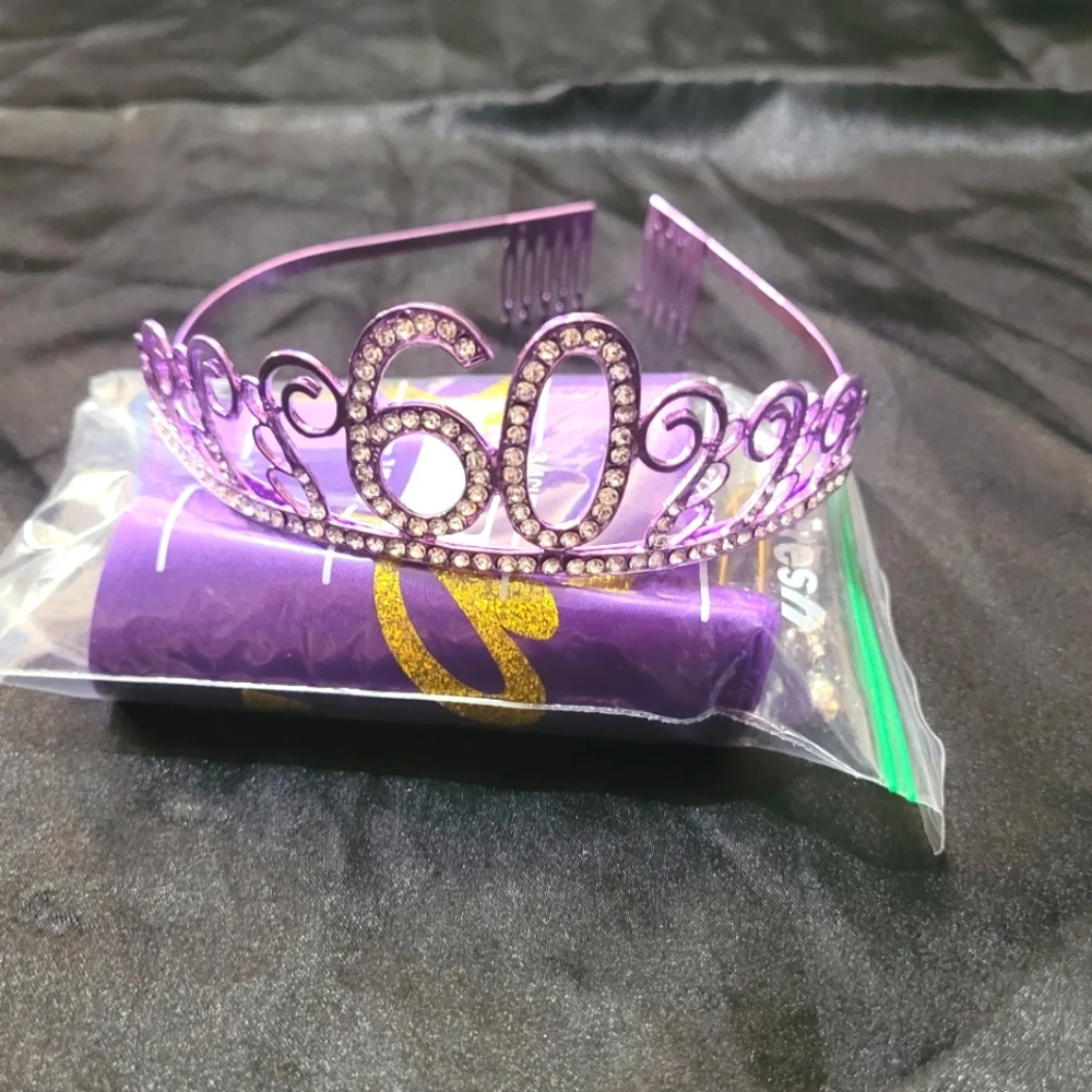 New "60 & Fabulous" Crown and Sash~Purple Metal~Birthday~Princess - Picture 1 of 7